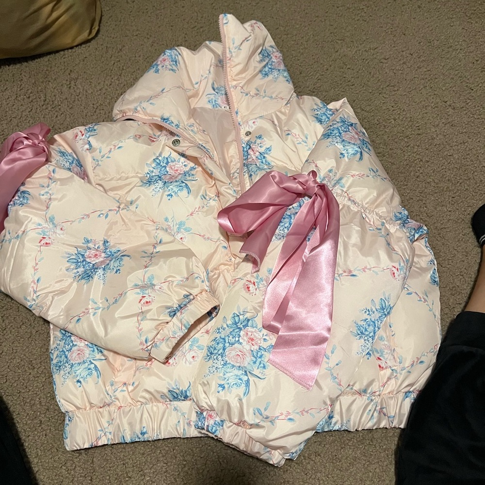 Floral Puffer Jacket with Pink Accents